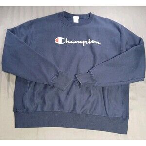 Champion Reverse Weave Sweatshirt Mens XL Navy Fleece Lined Stretch Spellout